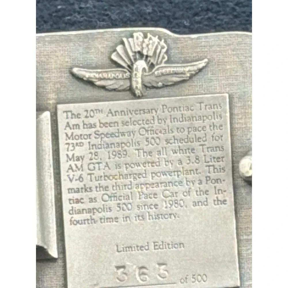 Vtg 1989 Indianapolis 500 Pontiac Trans Am Pace Car Pewter Belt Buckle 363/500 - Picture 3 of 4